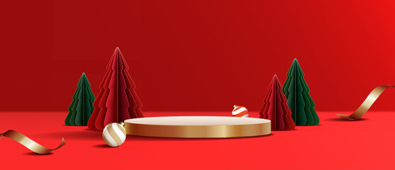 Christmas banner with product display and festive decoration red background. 3d Vector Illustration.