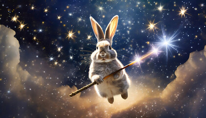fantastical bunny rabbit floats through a starry night sky casting spells with its glowing wand as it goes ai generated image