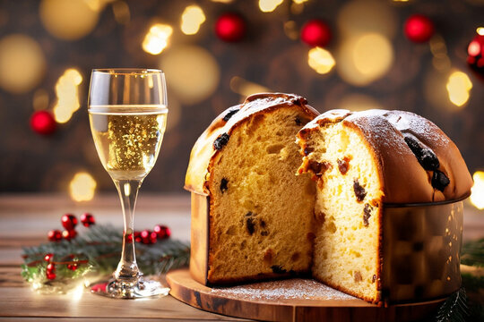 Um panettone partido com uma ta&ccedil;a de bebida e luzes natalinas ao fundo.