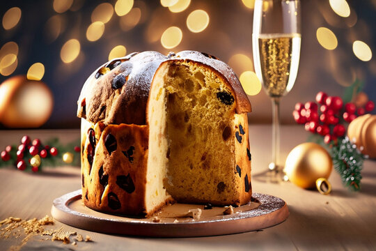 Um panettone partido com uma ta&ccedil;a de bebida e luzes natalinas ao fundo.