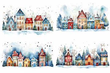 watercolor cartoon style illustration, cute winter snow town , cold snow fall covered over roof, happy Christmas and new year time, Generative Ai - obrazy, fototapety, plakaty