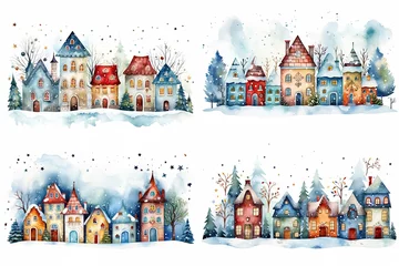 Fotobehang watercolor cartoon style illustration, cute winter snow town , cold snow fall covered over roof, happy Christmas and new year time, Generative Ai © QuietWord