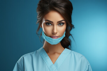 portrait of a beautiful nurse in uniform with a lowered medical mask on a blue background. 