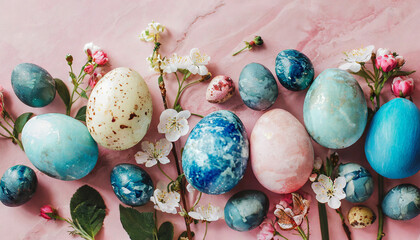stylish easter eggs and spring flowers border on pink paper flat lay space for text modern natural dyed blue and marble easter eggs happy easter greeting card template - obrazy, fototapety, plakaty