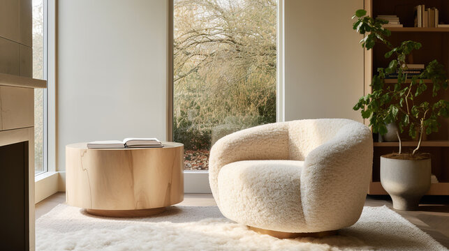 Generative AI, White cozy soft armchair. Interior design of living room, warm minimalism, wabi sabi style..