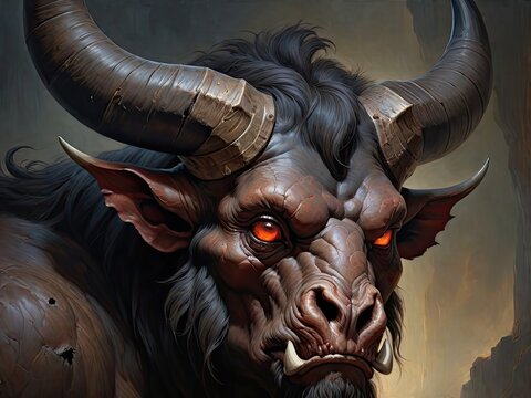Digital painting of a big horned buffalo with red eyes and horns
