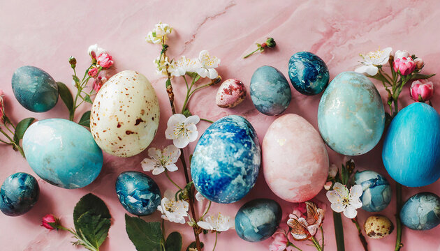 stylish easter eggs and spring flowers border on pink paper flat lay space for text modern natural dyed blue and marble easter eggs happy easter greeting card template
