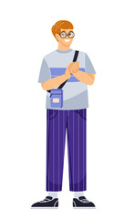 Person clapping hands. Joyful young guy in glasses expresses gratitude with applause and cheering. Celebrating, Greetings and Support. Cartoon flat vector illustration isolated on white background