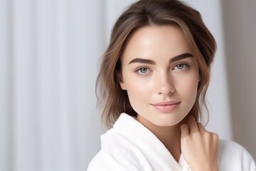 smiling woman enjoying beauty treatment on beige background. AI Generated