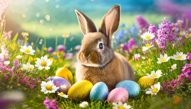 adorable bunny with easter eggs in flowery meadow
