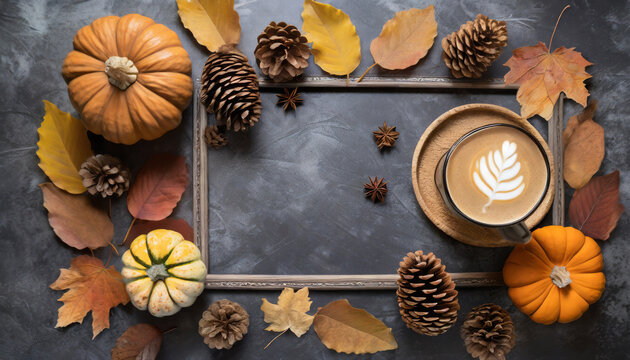 a cozy flat lay image of an autumn themed frame filled with natural pine cones pumpkins dried leaves and a pumpkin latte on a dark grey stone surface this fall and thanksgiving background offers