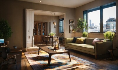 Interior of a modern living room with a view of the city
