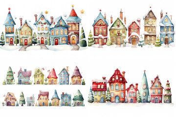 watercolor cartoon style illustration, cute winter snow town , cold snow fall covered over roof, happy Christmas and new year time, Generative Ai