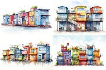 watercolor artwork illustration, used shipping container house, Generative Ai