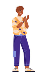 Person clapping hands. Stylish happy guy standing and cheering. Applause and ovations for support, appreciation and celebration. Cartoon flat vector illustration isolated on white background