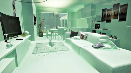 Modellazione 3D e rendering di alloggio residenziale con arredo