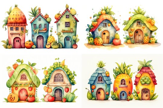 watercolor cartoon of cute fruit house in garden, summer  house, childhood imagination and children book design illustration, generative Ai
