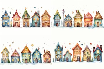  watercolor cartoon style illustration, cute house in winter time, decorated in happy Christmas and new year theme, Generative Ai