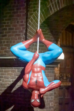 Osaka, Japan. Nov 14, 2023. An Spiderman plastic figure at night in the universal studios.