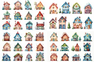  watercolor cartoon style illustration, cute house in winter time, decorated in happy Christmas and new year theme, Generative Ai
