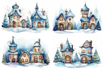 Fototapeta premium watercolor cartoon style illustration, cute winter snow town , cold snow fall covered over roof, happy Christmas and new year time, Generative Ai