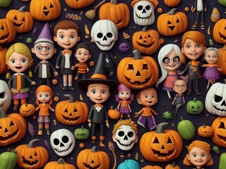 Halloween background with pumpkins and kids in costumes, top view
