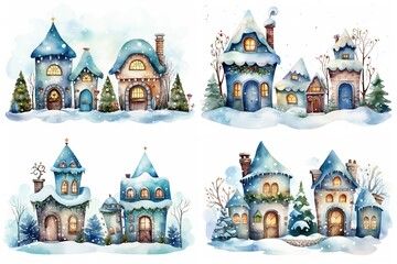 watercolor cartoon style illustration, cute winter snow town , cold snow fall covered over roof, happy Christmas and new year time, Generative Ai