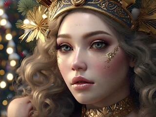 Beautiful girl with golden crown on head. 3D rendering.
