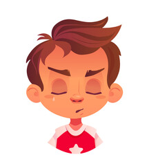 Child facial expression. Unhappy little boy crying from grief and resentment. Sad schoolboy experiencing negative emotions and feelings. Cartoon flat vector illustration isolated on white background