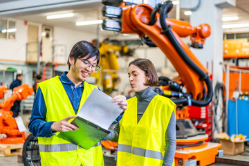 Engineers reading data while working in a robotic industry