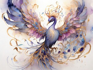 Watercolor illustration of a beautiful peacock with wings and feathers.
