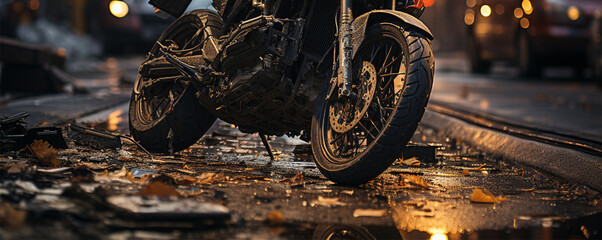 broken motorcycle on the road with fragments of stones and iron. Road accident.