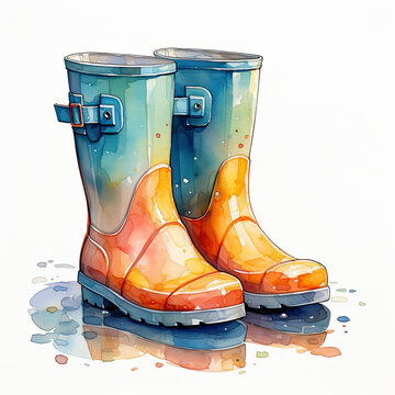 watercolor orange and blue rain boots clip art preview