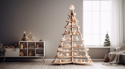 Christmas tree with candles in living room. 3d rendering, 3d illustration.