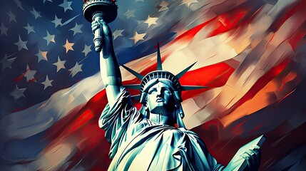  a painting of the statue of liberty in front of an american flag with the colors of the flag of the united states of america in red, white, blue, and green. - obrazy, fototapety, plakaty
