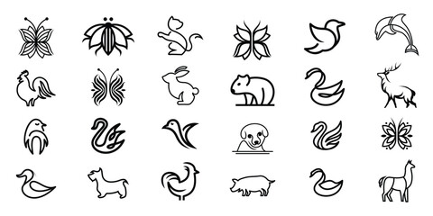 Animal logo template. Collection of animal logos. Isolated on White background, made with line drawing
