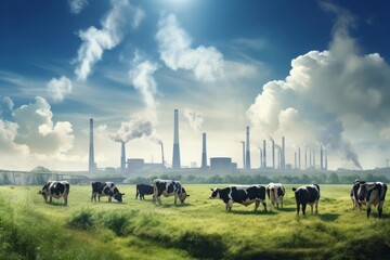 Сows grazing in the meadows against the backdrop of smoking industrial chimneys. Concept: contrast beetween untouched nature and industry, ecological problems, industrial pollutions