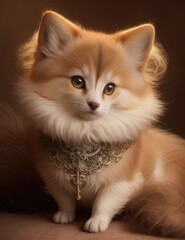 Cute fluffy Pomeranian puppy in a collar on a brown background
