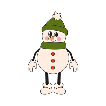 Groovy 70s Christmas sticker. Cartoon character in trendy retro style, comic mascot. Cute snowman
