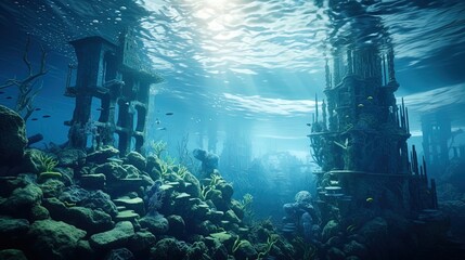 City Beneath Waves, Transparent Tunnels Display Marine Life by Tidal-Powered Energy Nodes - obrazy, fototapety, plakaty