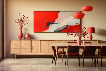 Interior of modern dining room with sideboard, wooden table, and red chairs against beige wall
