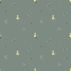 Seamless pattern with Olive oil in glass bottle. Hand drawn illustration isolated background. Natural fresh organic yellow vegetable oil in jar realistic watercolor image. Pure vegan seasoning.
