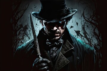 Jack the Ripper creepy art. He standing in a dark forest and holding a knife. - obrazy, fototapety, plakaty