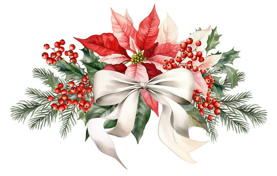 Christmas floral composition. Traditional garland with poinsettia flower. Fir tree branches, holly berries and white ribbon. Vintage winter watercolor botanical illustration isolated on background