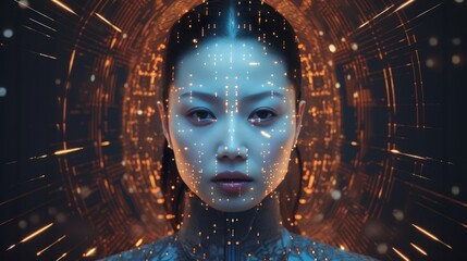 Asian female face with matrix digital numbers, dots, links. Digital screen with a virtual reality woman. Robotic wired head.