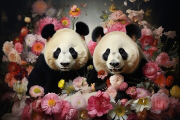 Floral portrait of pandas