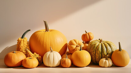 Assorted pumpkins on table. Beautiful pumpkin decor. Autumn holiday. Pumpkin day, Halloween and Thanksgiving. Organic food. Fall color, orange and yellow. Bright room flooded with sun. Generated AI