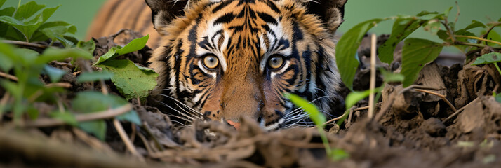 A tiger is eating grass in the forest