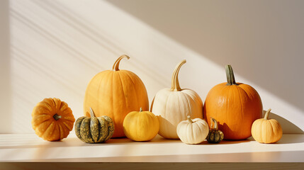 Assorted pumpkins on table. Beautiful pumpkin decor. Autumn holiday. Pumpkin day, Halloween and Thanksgiving. Organic food. Fall color, orange and yellow. Bright room flooded with sun. Generated AI