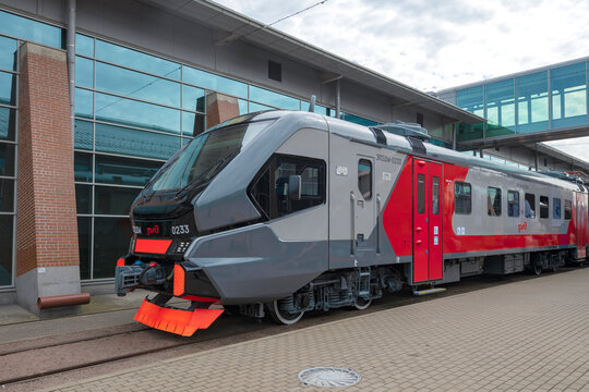 SAINT PETERSBURG, RUSSIA - AUGUST 27, 2023: The head car of the newest Russian commuter electric train EP2DM. Railway forum "PRO//Movement.Expo"